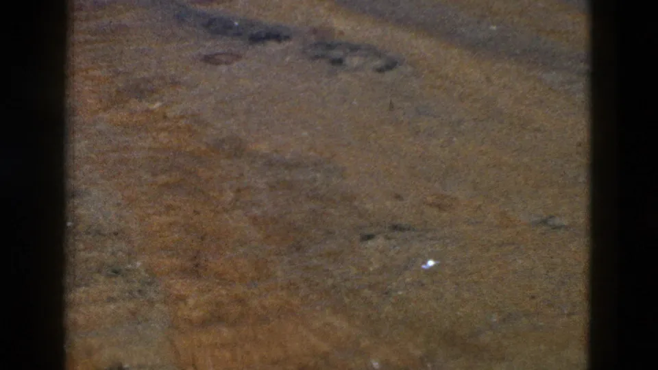 Late frame from the 1958 Yellowstone aerial clip, showing muted brown terrain with faint markings and film grain.