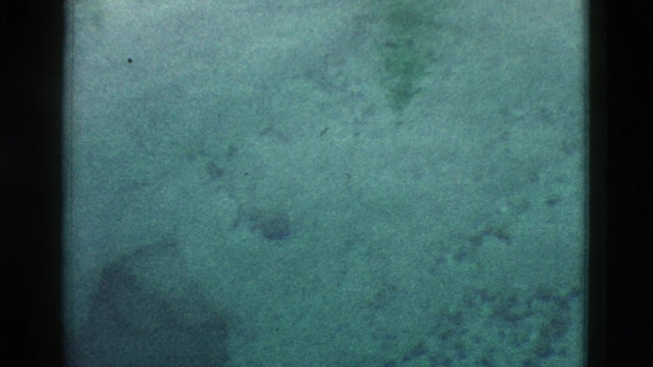 Soft green-blue frame with dark film borders and a faint steam or rock form at lower left.