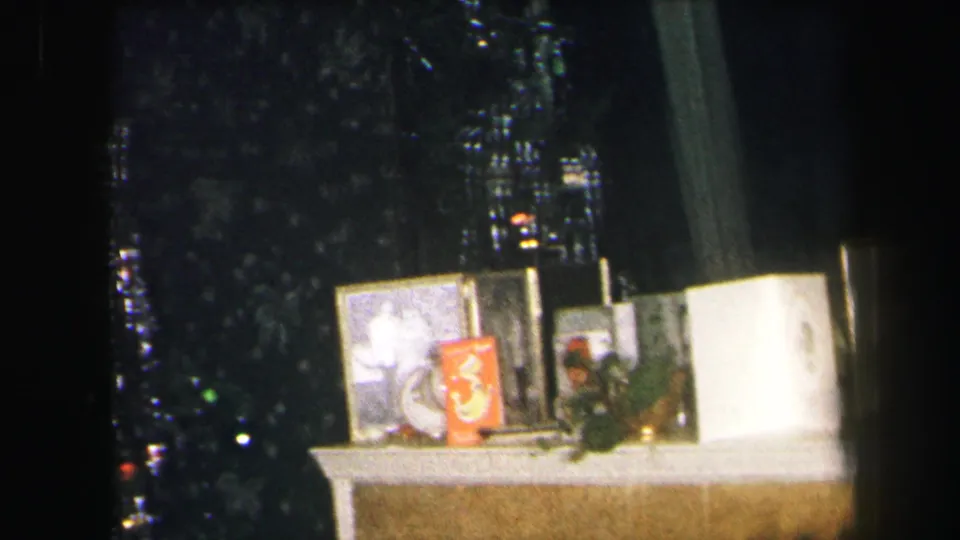 1971 Lynbrook frame showing the tree beside a shelf with framed photographs, small decorations, and a white cylindrical object.