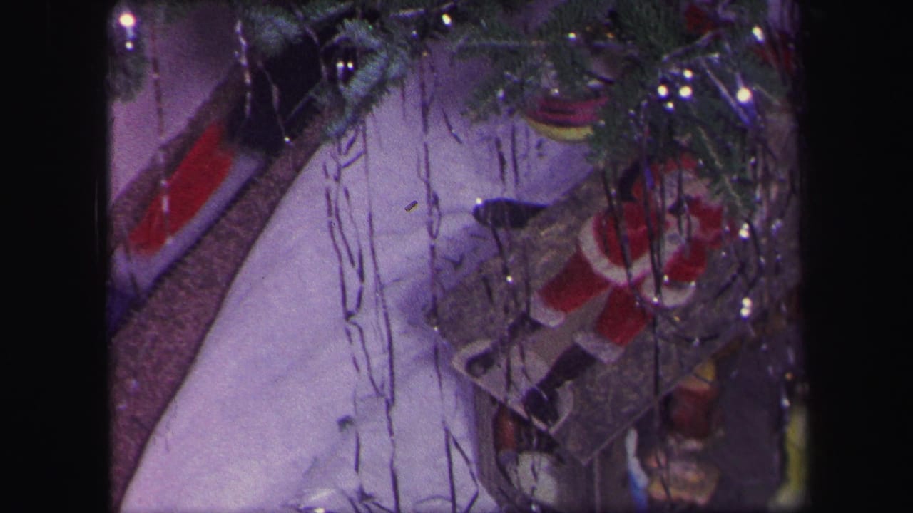Santa figure and model train track below tinsel-covered tree branches.