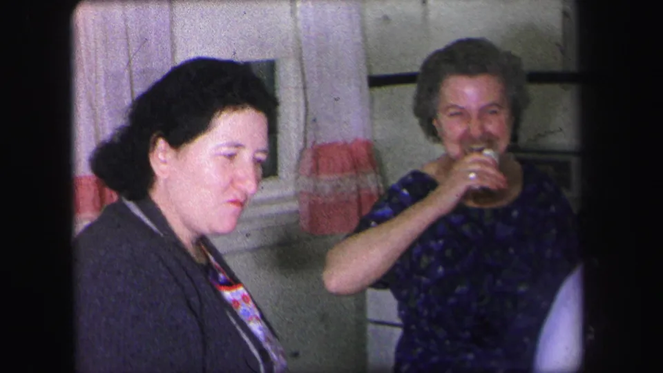 In a Lynbrook, New York home interior from 1971, two adult women sit near a window as one smiles and drinks from a cup.