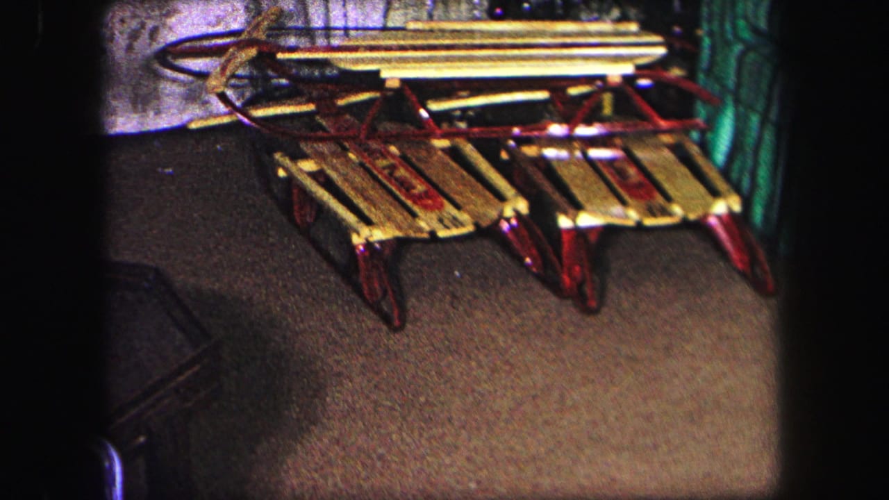Two wooden sleds with red runners rest on carpet beside a curtain and partial tree area.