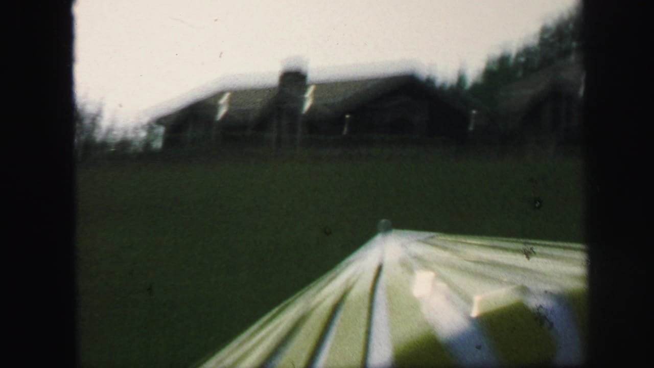 Grassy backyard with a distant house and striped patio umbrella edge.