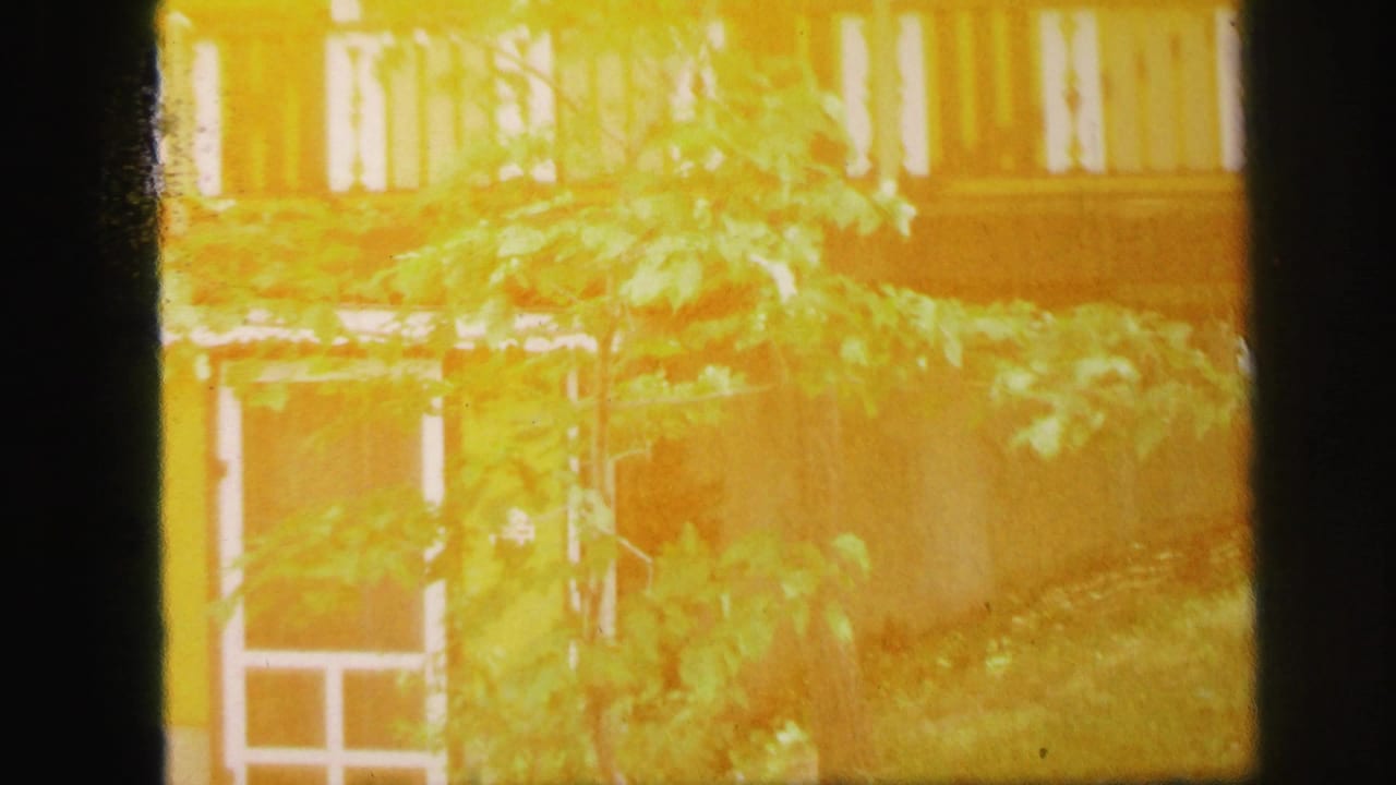 Yellow building in Lynbrook, New York, seen through foliage with white trim and balcony railing visible.