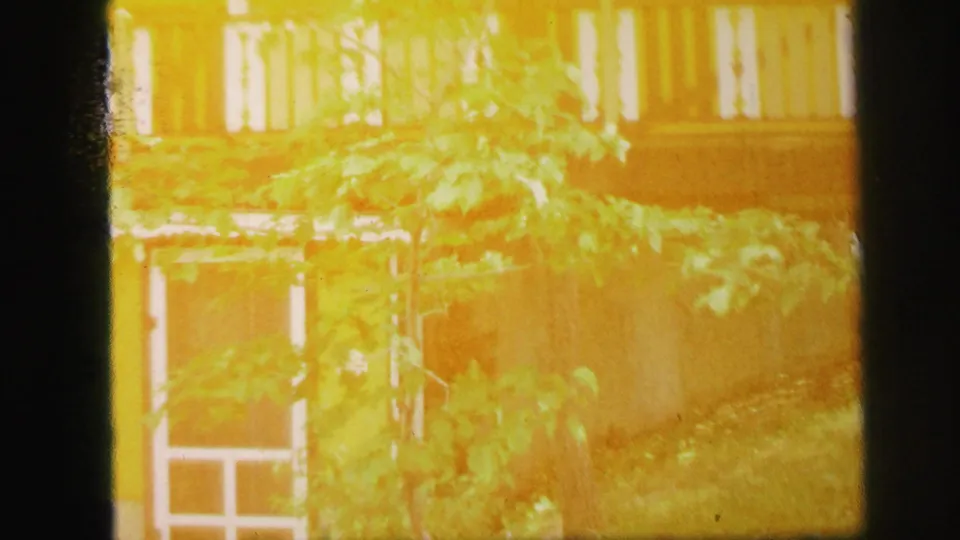 Yellow building in Lynbrook, New York, seen through foliage with white trim and balcony railing visible.
