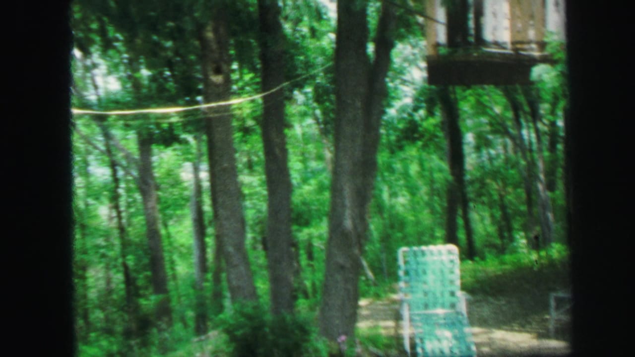 1971 8mm frame showing a green wooded area with a pale chair near a path and a partial raised structure among trees.