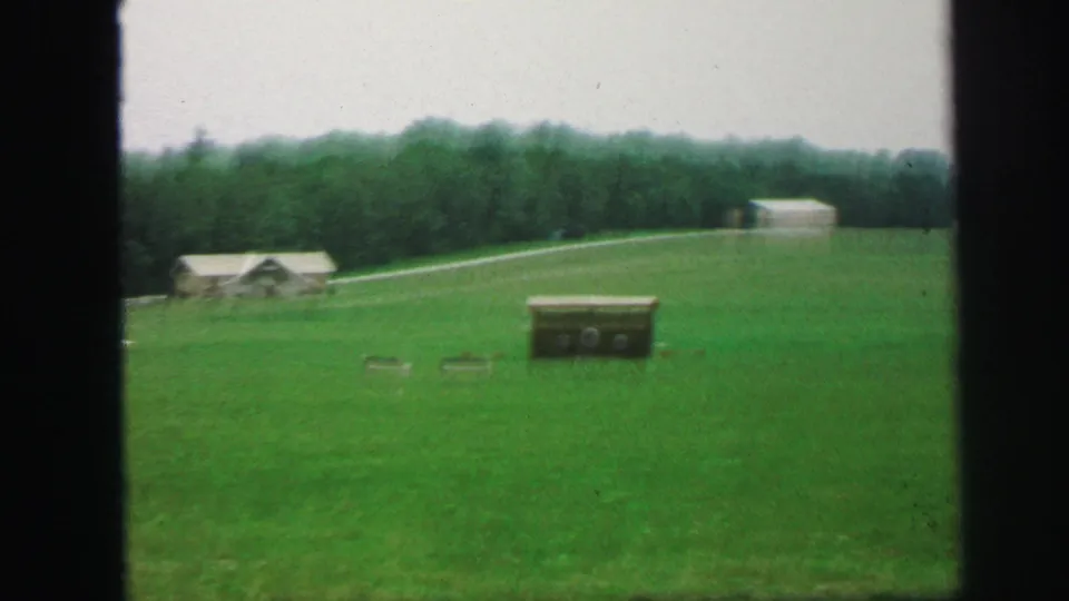1971 Lynbrook frame showing a wider rural view with a small building near trees, open grass, target stands, and a dark archery target board.