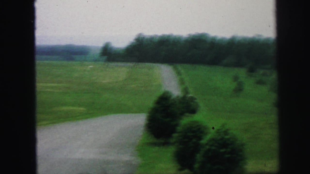 1971 Lynbrook home-movie frame showing a green lawn, curving gravel path, shrubs, trees, and distant horizon.