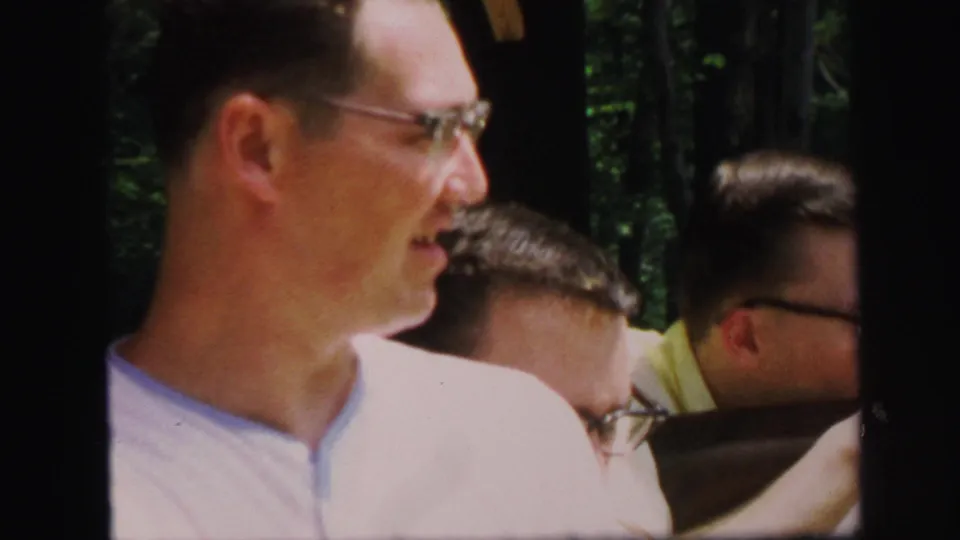 The final frame shows adult men at the rifle bench, with a foreground man in profile and another shooter aiming behind him.