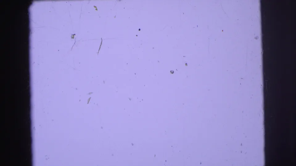 Overexposed purple 8mm frame from the 1973 Lynbrook clip with side gate shadows and scattered surface dust.