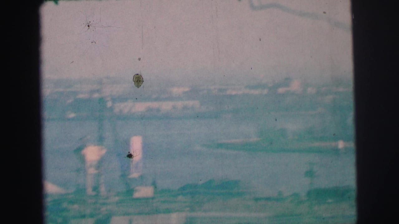 1973 8mm frame from Lynbrook, New York, showing a soft hazy harbor view with distant industrial shoreline features and visible film wear.