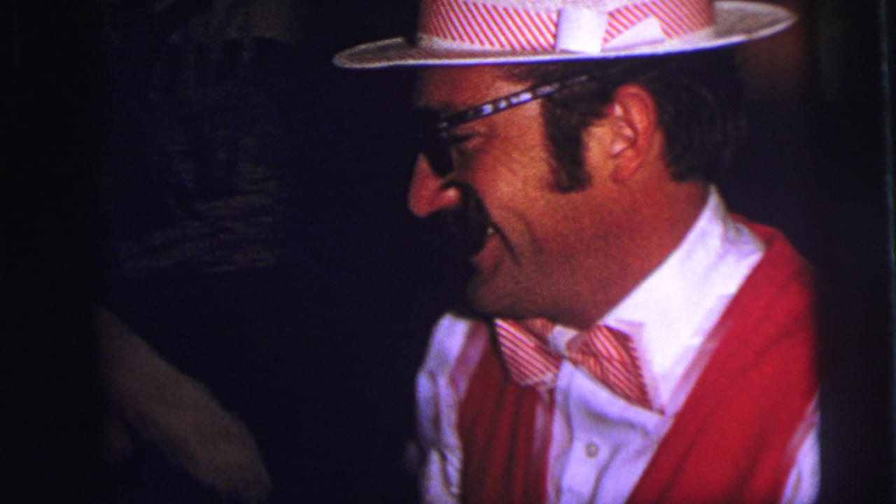 Man in striped hat, red vest, bow tie, glasses, and fake mustache smiles in a dark party interior.