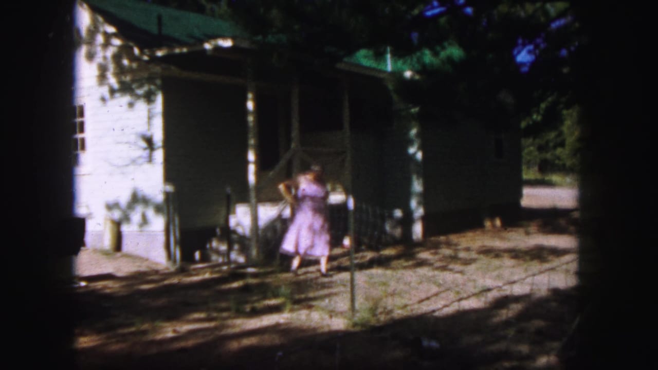 Woman in a purple dress near a white house with a green roof and shaded yard.