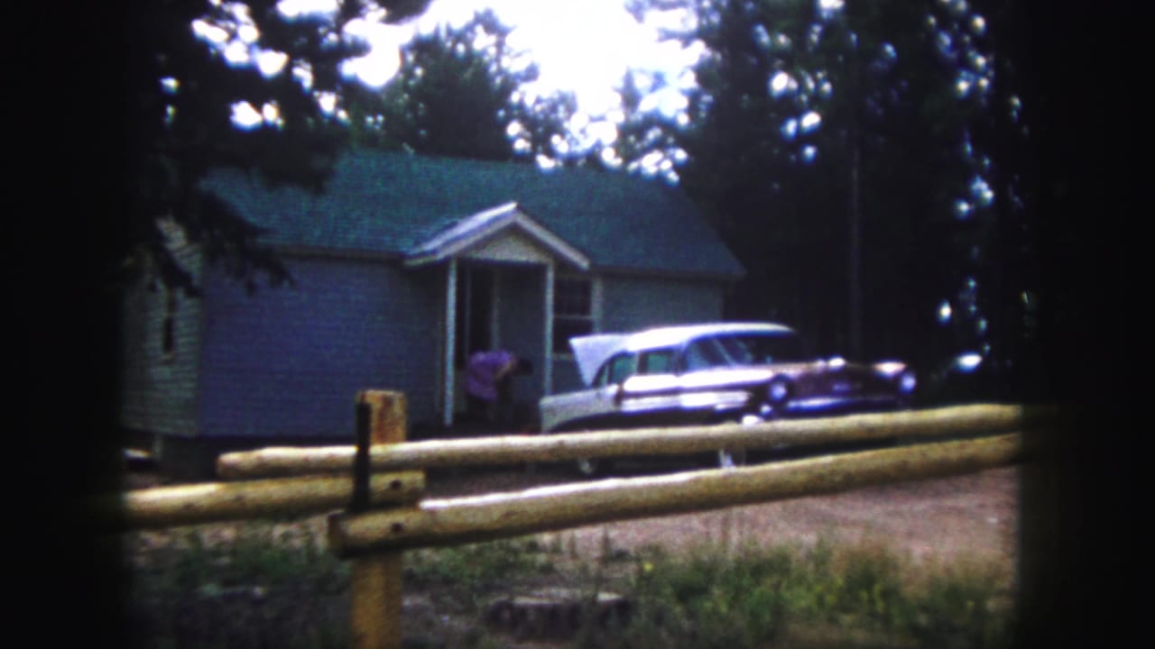 Woman in a pink dress near a grey house with a station wagon behind a split-rail fence.
