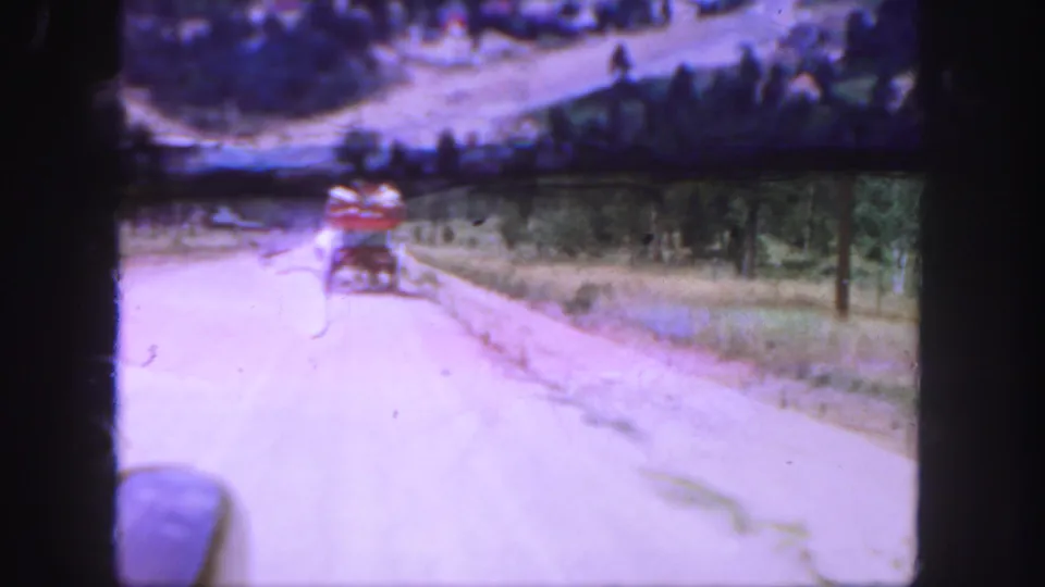 Horse-drawn wagon moving along a pale dirt road in wooded Colorado 8mm footage from 1958.