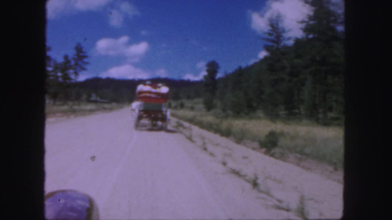 Horse-drawn cart moving away on a dirt road with trees and hills ahead.