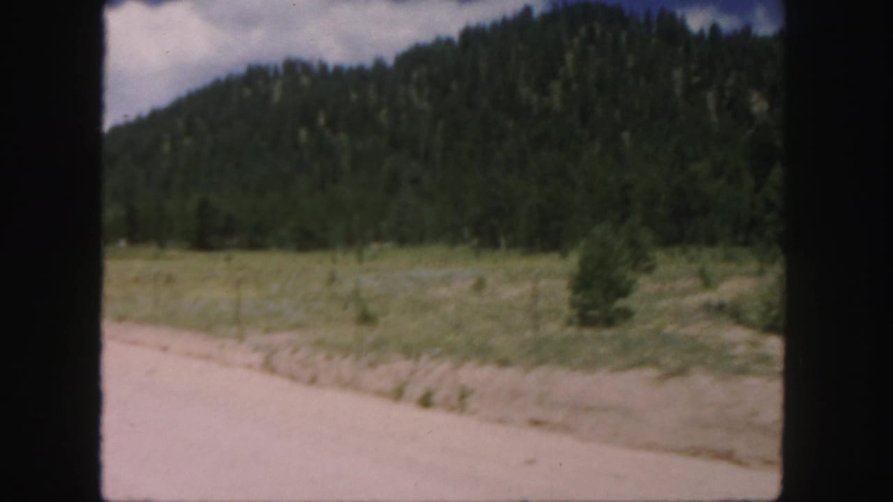 Dirt road curving through open fields with forested hills in the background.