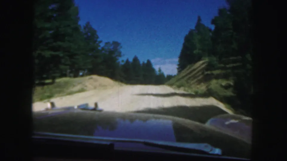 Windshield view from a car on a dirt mountain road, with pine trees, road cuts, blue sky, and the hood in the foreground.