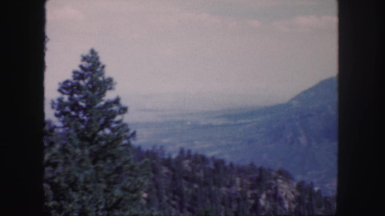 1958 Colorado 8mm frame showing a hazy mountain valley, forested slopes, and a tall evergreen against a pale sky.