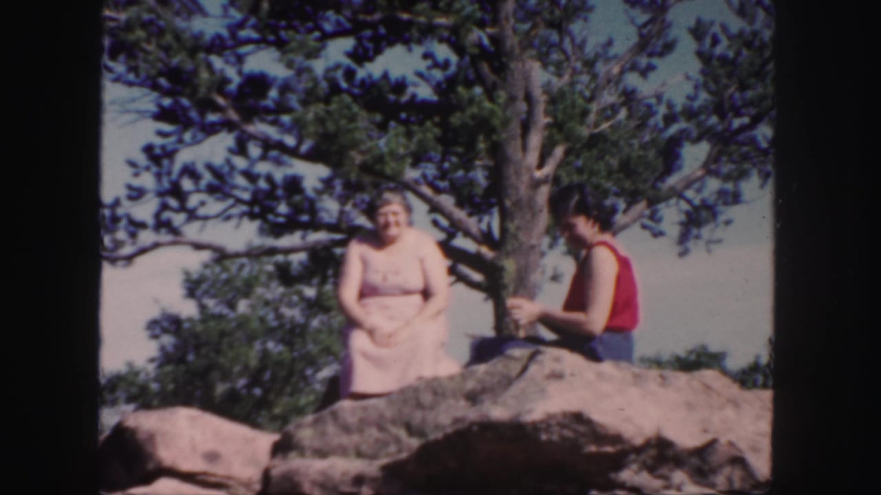 Two women sit on rocks, one facing the camera and one turned sideways under a tree.