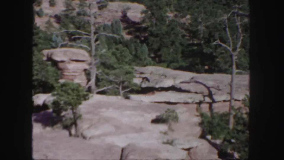 Final 8mm frame showing Colorado sandstone shelves, scattered shrubs, evergreen trees, and visible film borders.