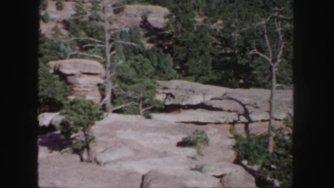 1958 Colorado 8mm frame showing pale sandstone ground, layered red rock, and scattered green trees under bright sun.