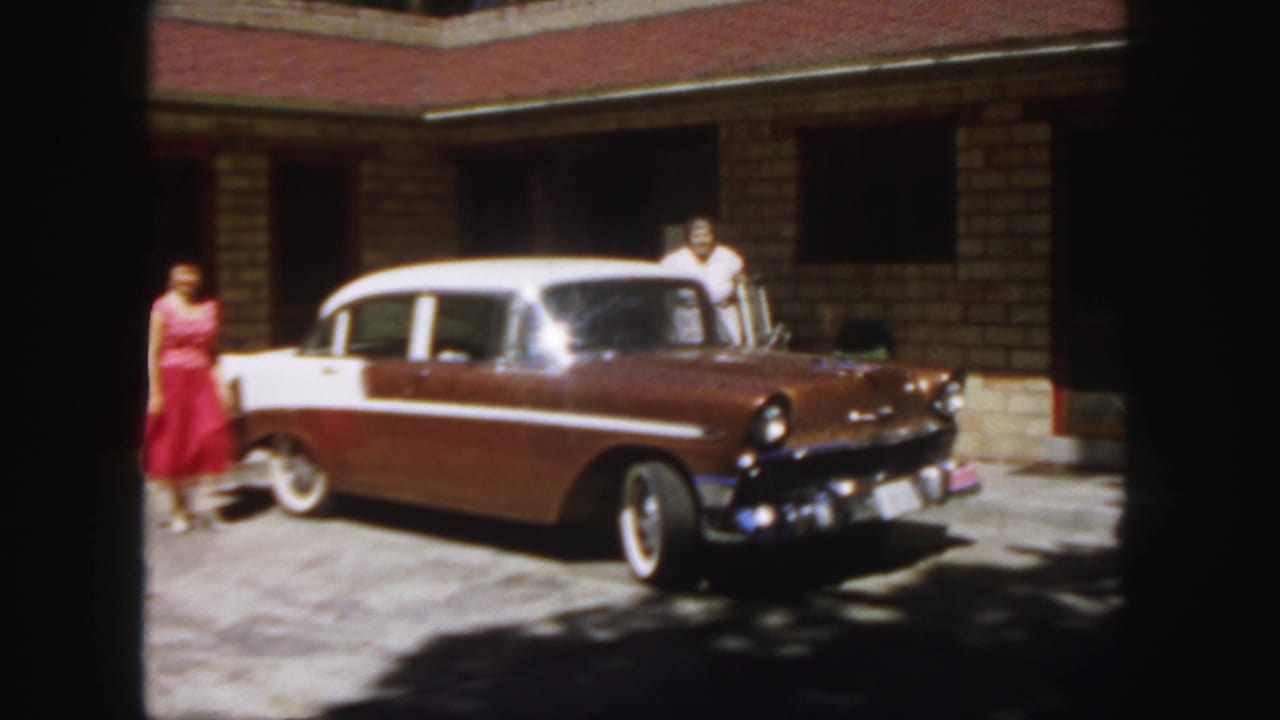 Two women stand near a brown-and-white sedan in a sunny driveway.