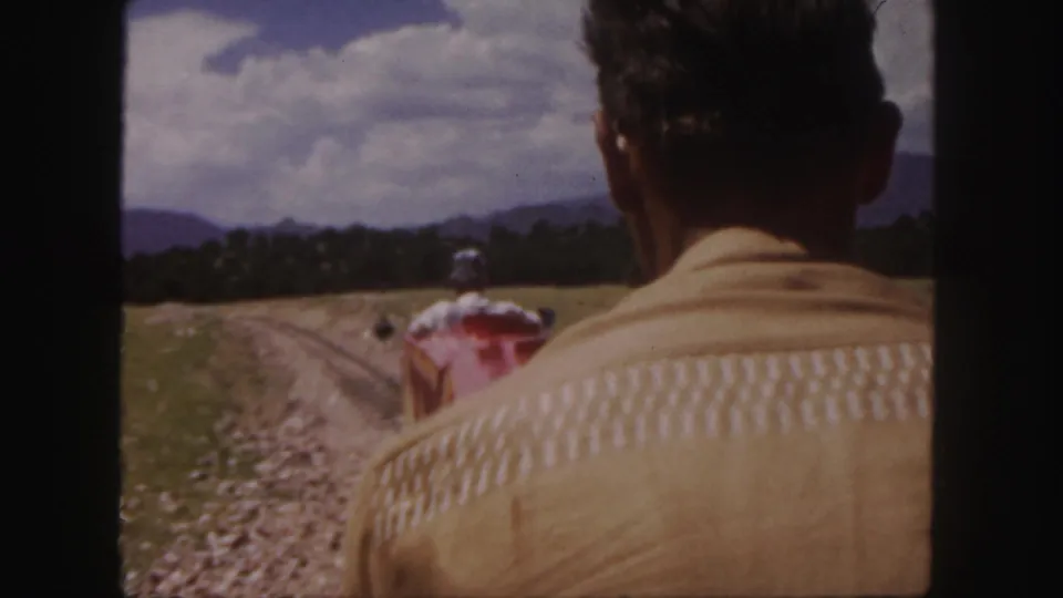 A back-facing adult passenger dominates the foreground while the red miniature train continues through a grassy Colorado mountain setting.
