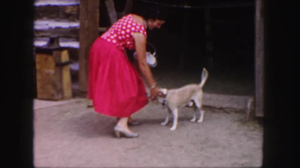 In the Colorado 1958 scene, a woman in a red polka-dot dress bends to greet a small dog near a log barn doorway.