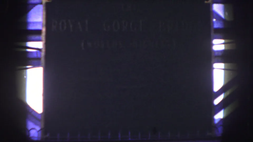 Soft 8mm view of a Royal Gorge Bridge plaque in Colorado, with faint text, vertical rail-like bars, and strong sunlight.