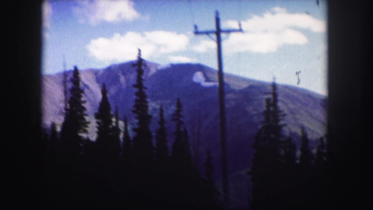 Mountain ridges and evergreen trees with a utility pole near the foreground.
