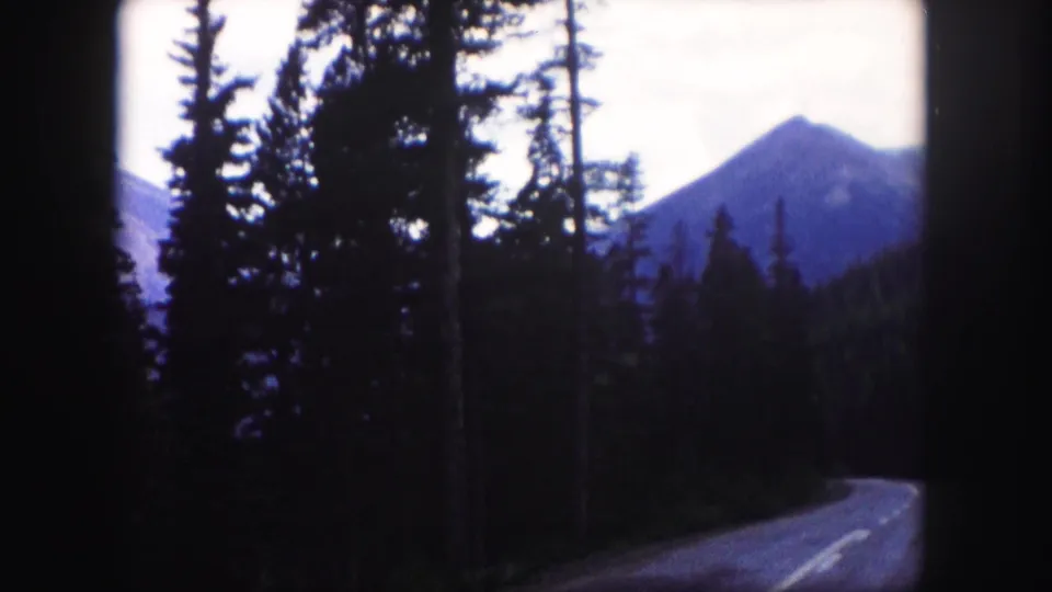 1958 Colorado 8mm road view from a moving vehicle, with evergreen trees silhouetted against rocky mountain peaks.