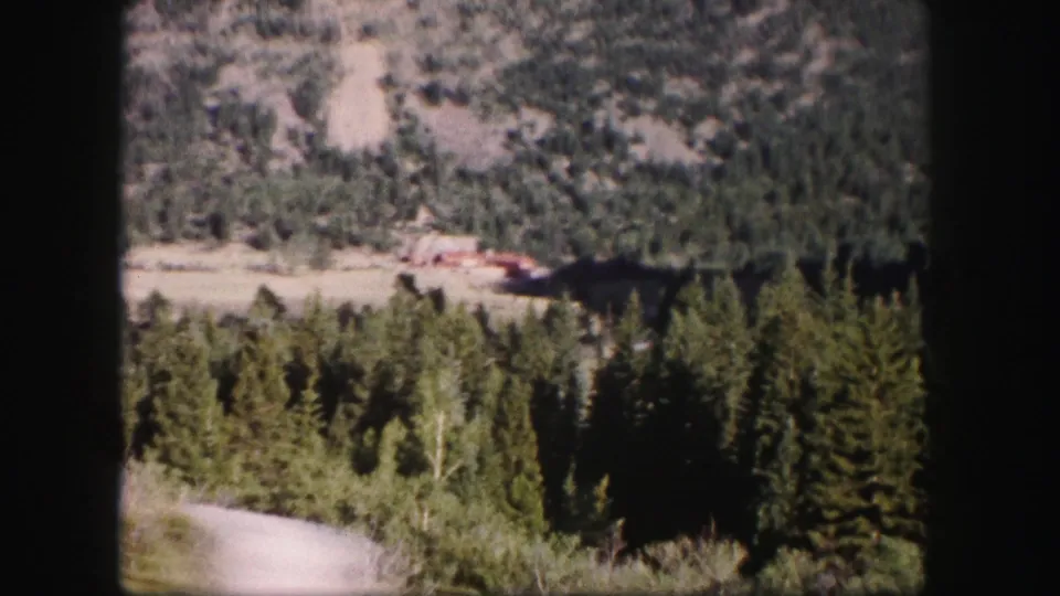1958 Colorado home-movie frame looking across dense pine forest toward rocky mountain slopes, with a light road or clearing near the bottom edge.