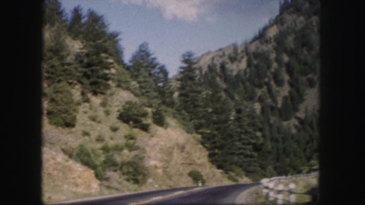 Curving mountain road bordered by guardrail, evergreen forest, rocky hillside, and blue sky.