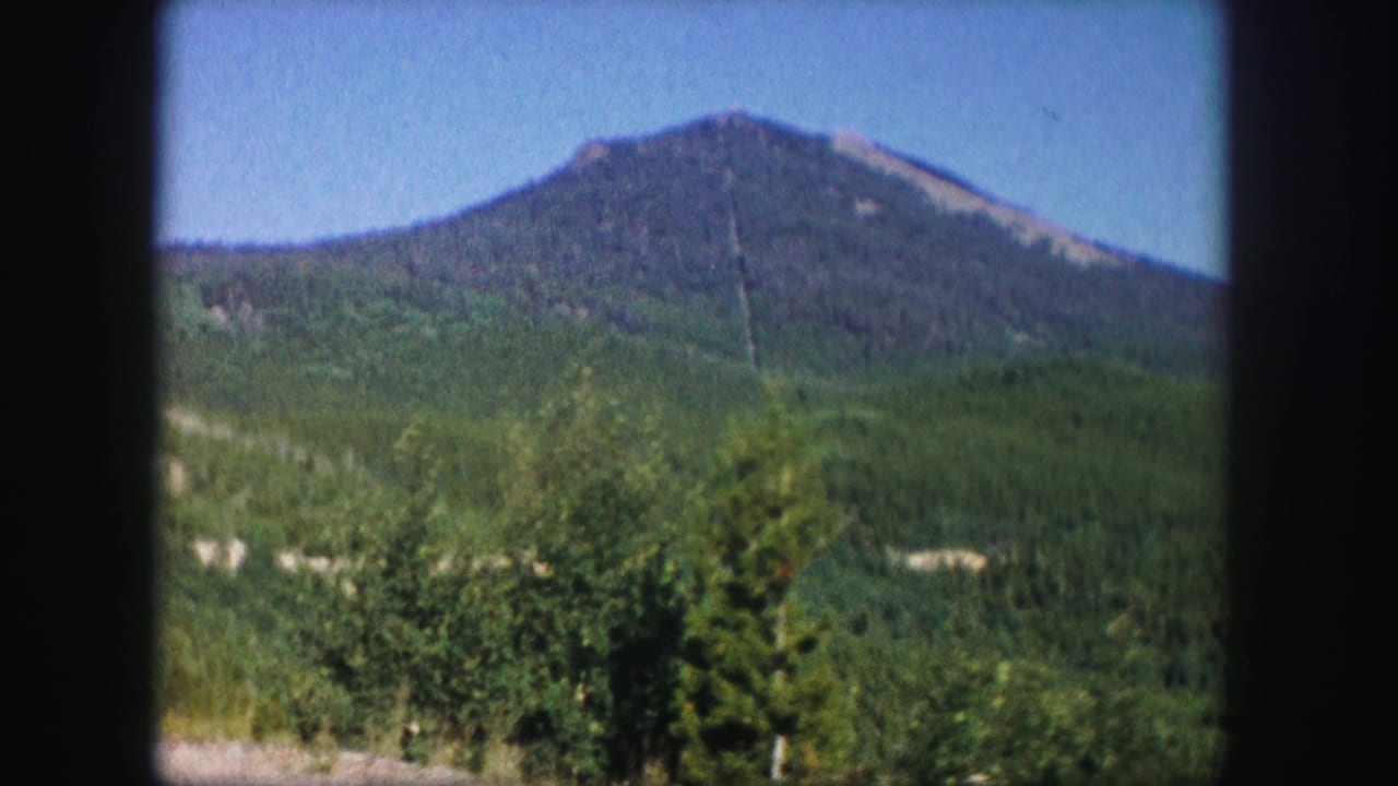 1958 Colorado 8mm frame showing a forested mountain peak seen across green hills and roadside trees under a clear blue sky.