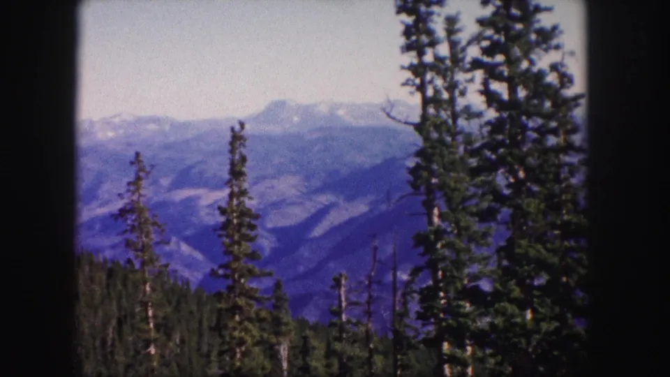 1958 Colorado home-movie frame of evergreen trees silhouetted against layered mountain ridges.