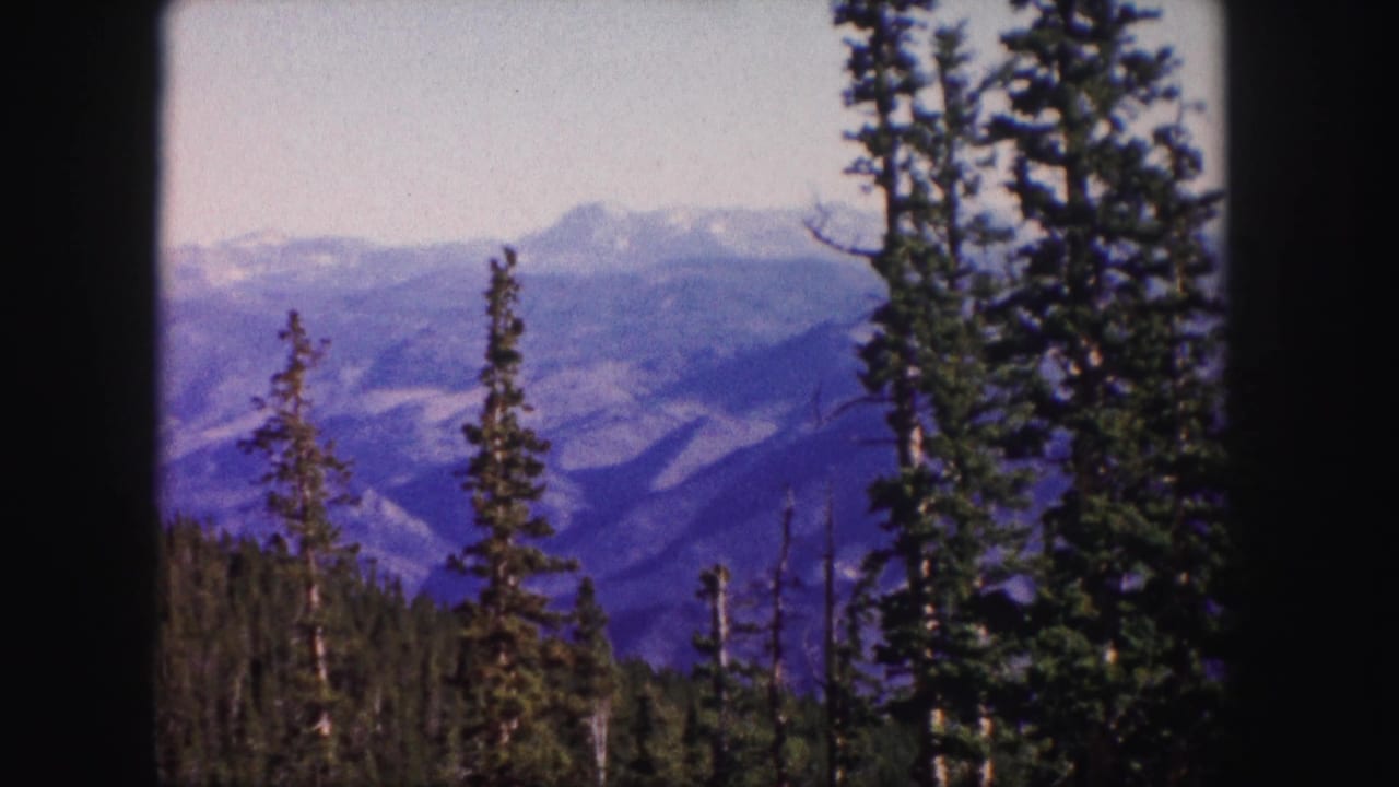 Evergreen trees frame layered blue mountains and distant snow-capped peaks.
