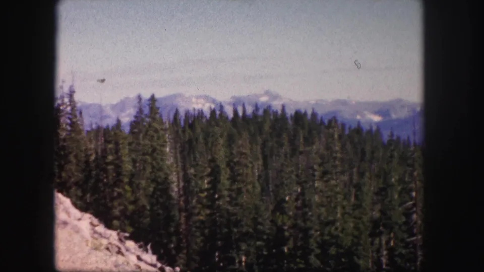 1958 Colorado 8mm frame with dense evergreen treetops, a rocky edge, and hazy snow-capped mountains in the background.