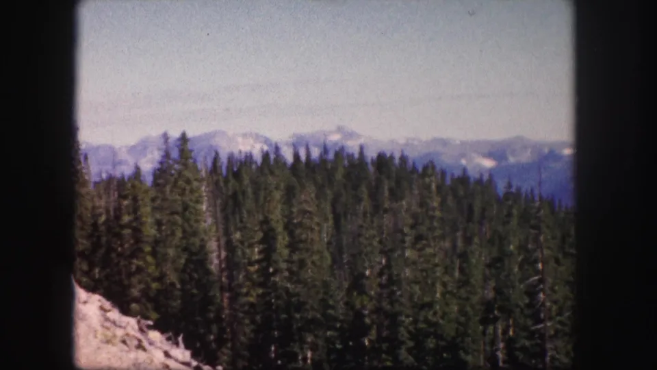 1958 Colorado 8mm frame with evergreen treetops, rocky foreground slope, and distant mountain forms beyond the forest.