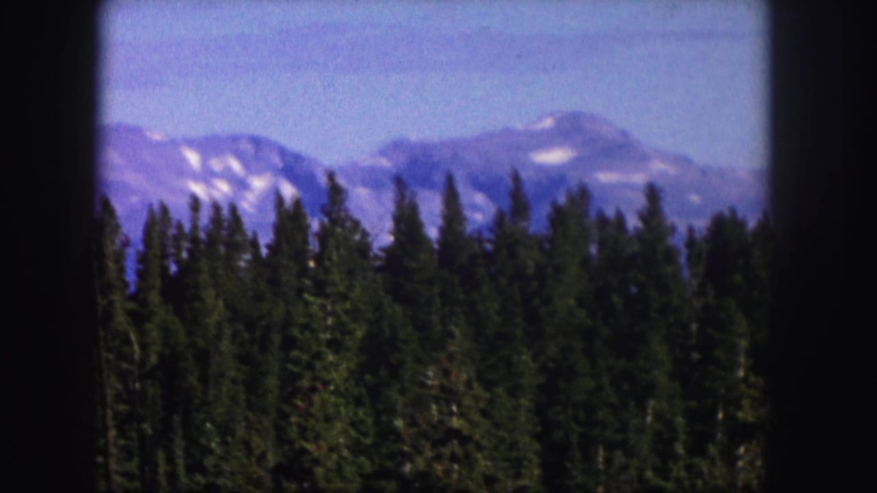 Colorado mountain vista on 1958 8mm film, with snow-patched peaks beyond a dense line of evergreens.