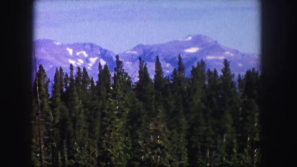 A 1958 Colorado mountain view shows tall pines in the foreground and hazy snow-patched peaks in the distance.
