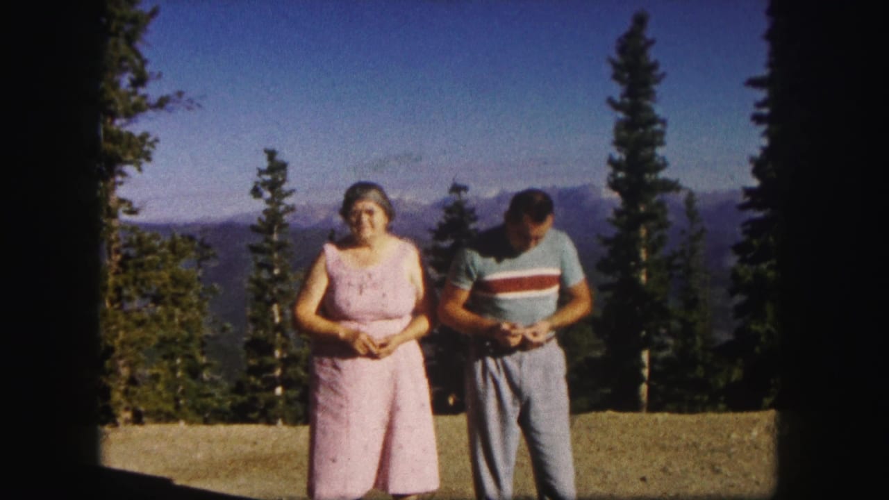 Older woman faces the camera while a man looks down at something in his hands.