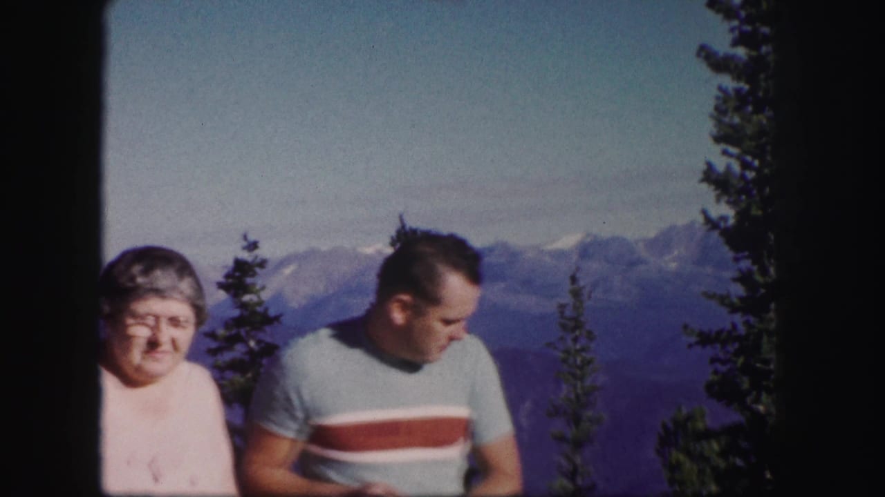 The woman faces forward as the man looks down at a Colorado mountain overlook, with evergreens and snow-capped peaks behind them.