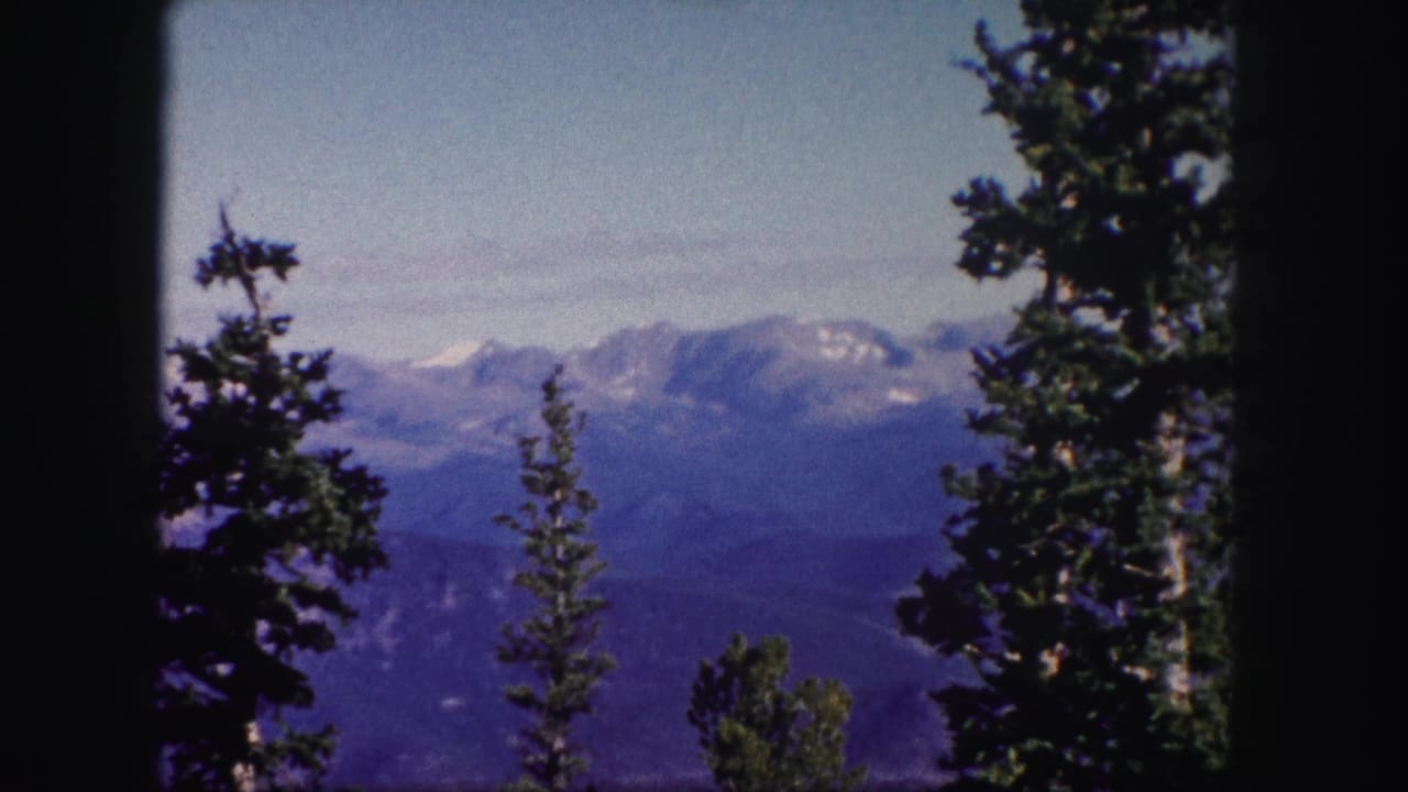 1958 Colorado 8mm frame of a distant mountain range seen between dark evergreen trees, with snow patches on the peaks.