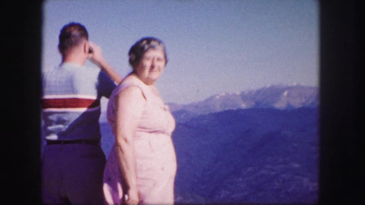 Woman in a pink dress faces the camera at a Colorado mountain overlook while a man looks away.