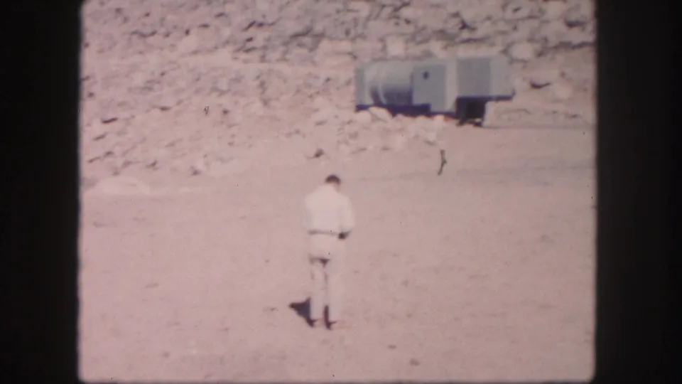 1958 Colorado 8mm frame showing a man in a light suit standing in a rocky open area with a boxy trailer in the background.