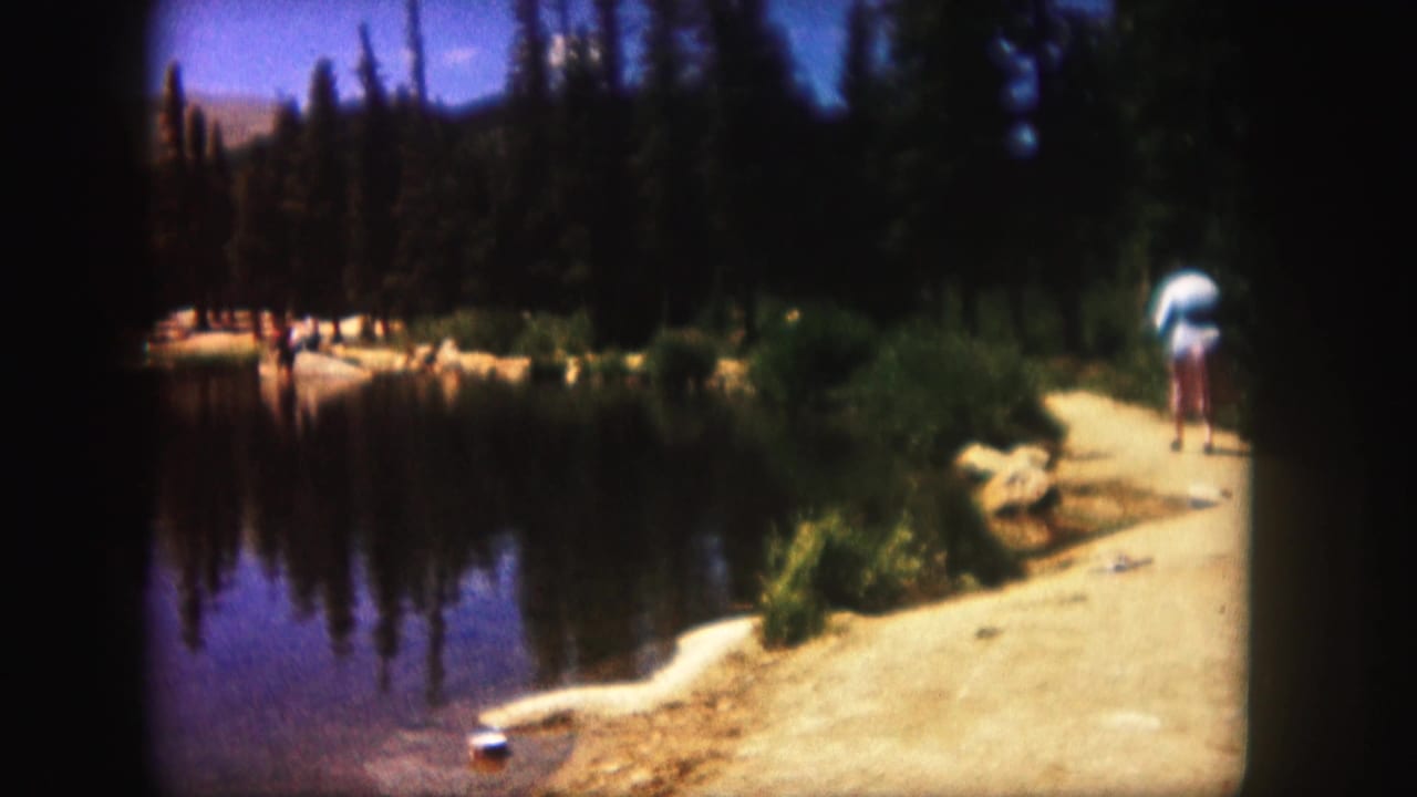 Person walking on a dirt path beside a lake with trees and shoreline rocks.