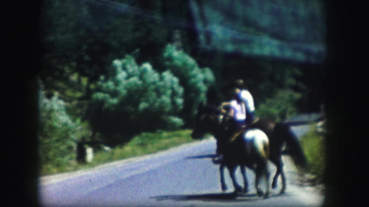 Two riders on horseback travel along a sunlit rural Colorado road in 1958 home-movie footage.
