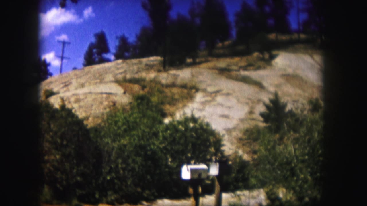 1958 Colorado 8mm frame showing a white mailbox, green shrubs, rocky slope, pine trees, telephone pole, and blue sky.