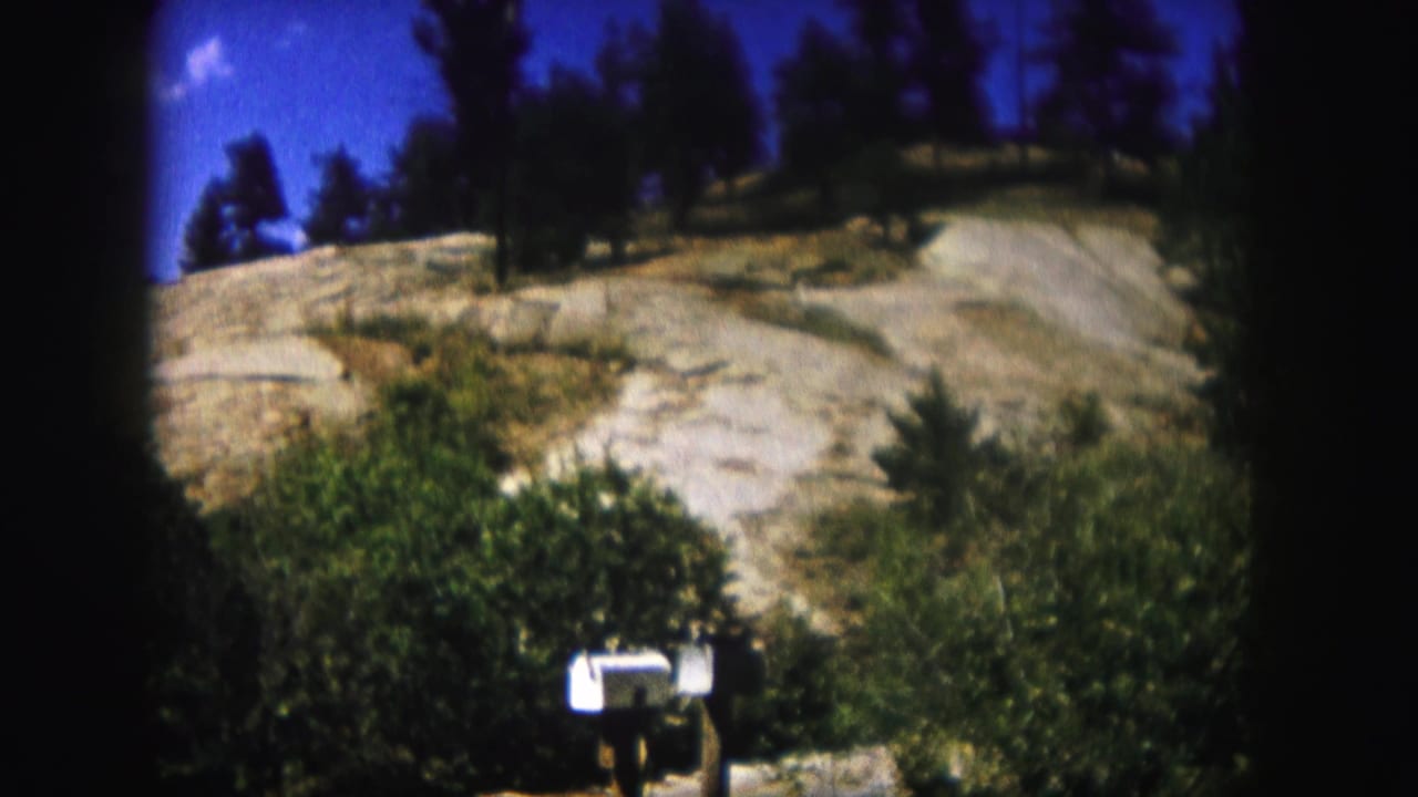 Rocky hillside with shrubs, pine trees, blue sky, and a white mailbox at the bottom.